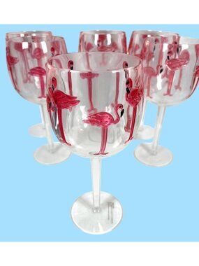 Pink Flamingo Acrylic Wine Water Glasses Set of 6 Outdoor Pool Party Beach GIFT